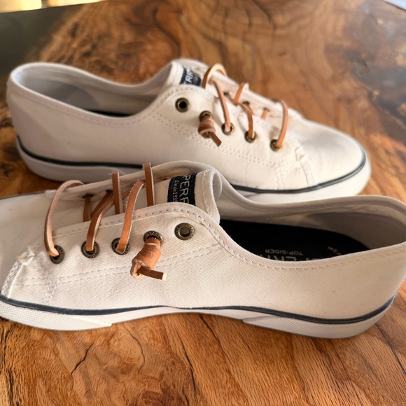 Sperry Shoes - Sperry White Canvas Low-Top Sneakers with Tan Leather Laces